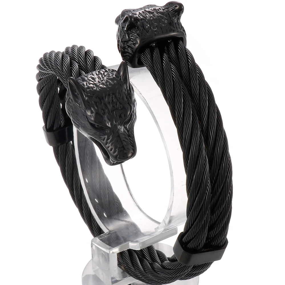 Retro Elastic Wolf Head Open Cuff Bangle Bracelet For Men 12MM Twist Chain Stainless Steel Men‘s Bracelets Rockers