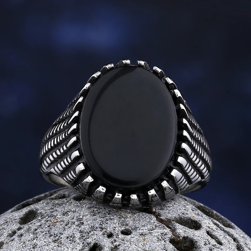 Trendy 316L Stainless Steel Gothic Accessories Black Gem Stone Ring For Man Wome Punk Charm Jewelry Couple&Wedding Gift