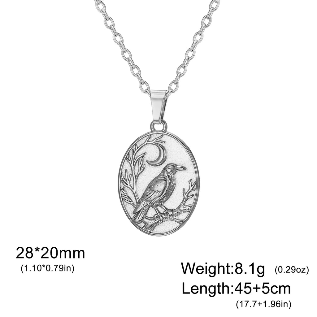 Skyrim Raven Crescent Moon Oval Pendant Necklace Stainless Steel Gothic Witchcraft Amulet Neck Chain for Men Women Jewelry Gift