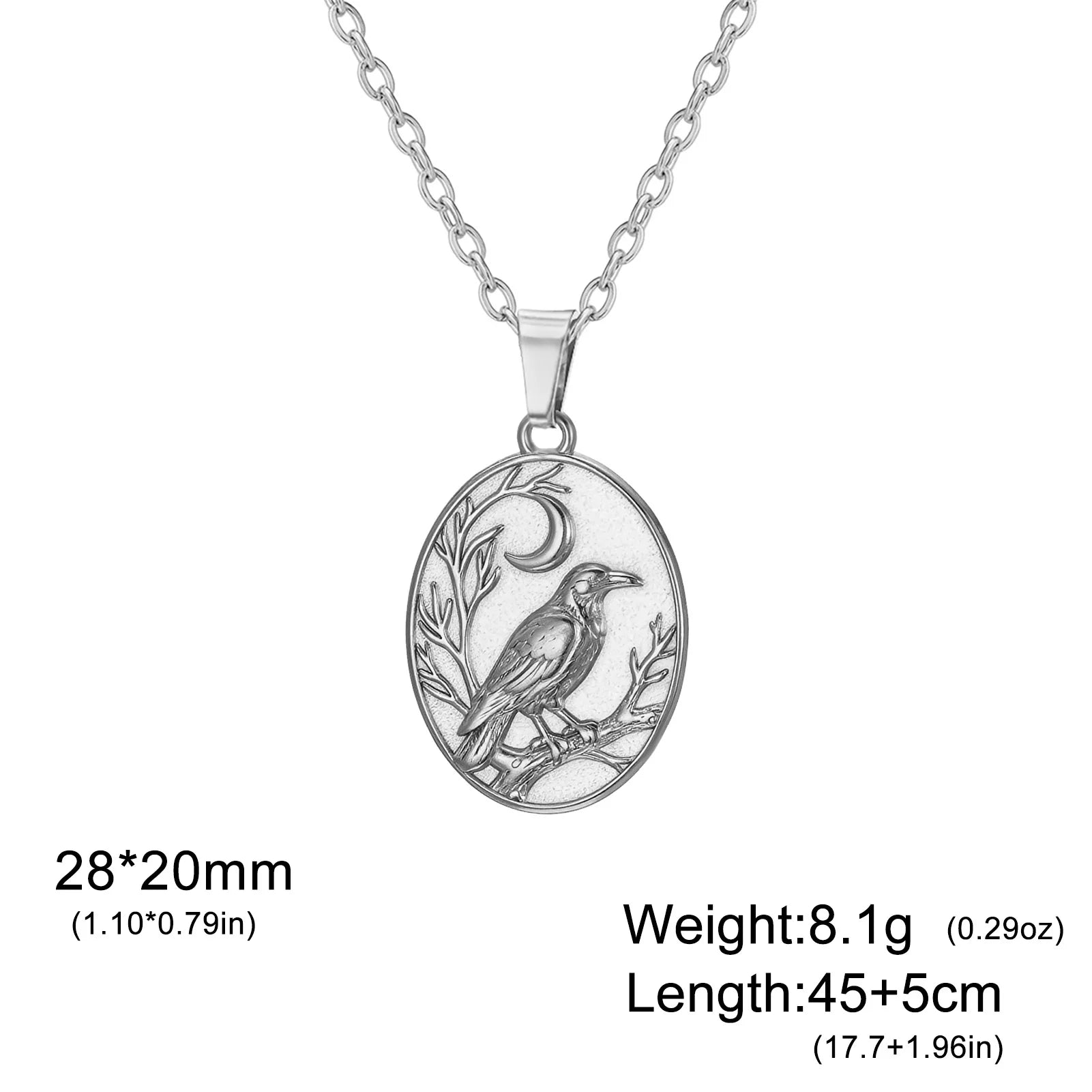 Skyrim Raven Crescent Moon Oval Pendant Necklace Stainless Steel Gothic Witchcraft Amulet Neck Chain for Men Women Jewelry Gift