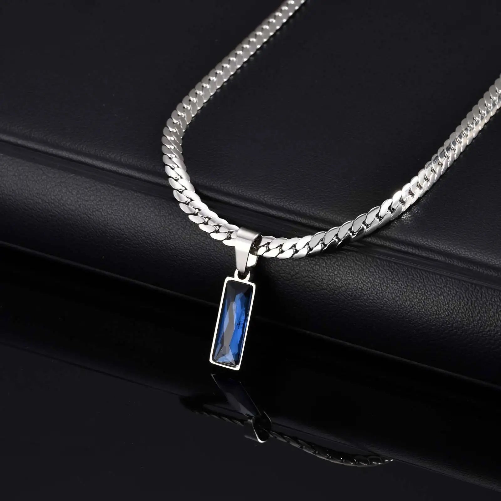 Blue Stone Cuban Pendant Necklace — SS
