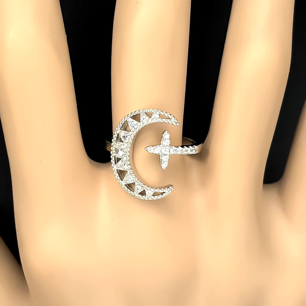 Cross Star Silver Ring Sterling Zircons Moon Finger