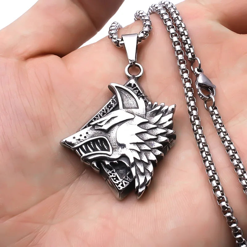 Vintage Silver Wolf Head Pendant Necklace