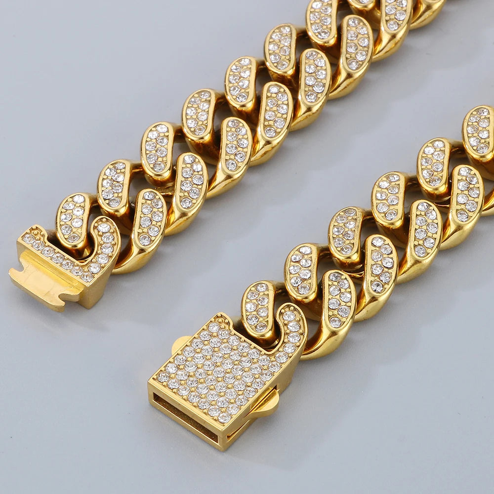 Hip Hop Heavy Cuban Link Chain Set Man Bracelet Necklace Luxury Gold Color Stainless Steel & Full CZ Men's Necklace &