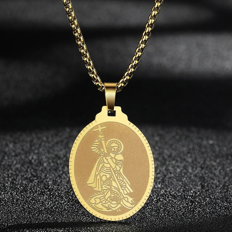 QIMING Dainty Saint George Pendant Necklace For Men Stainless Steel Warrior St. George's Dragon Medallion Mythology