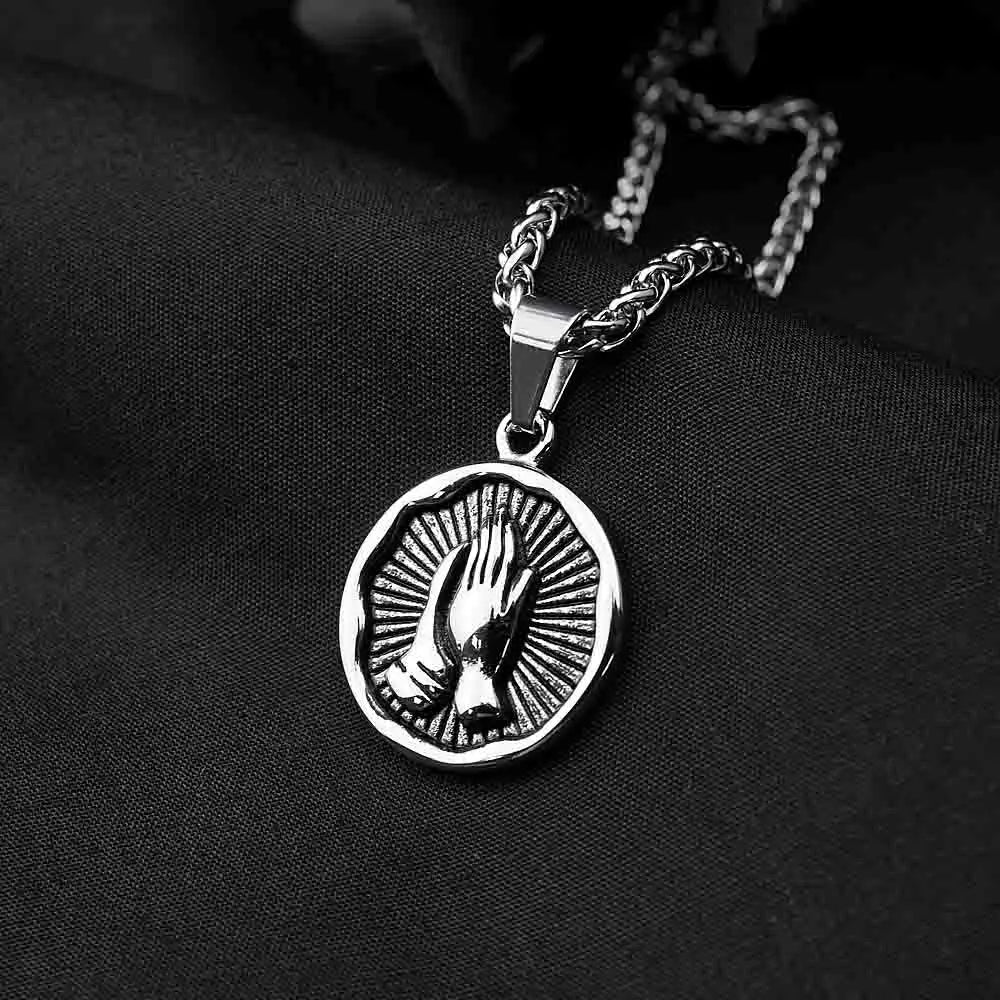 Stainless Steel Serenity Prayer Cross Pendant Religious Necklace Praying Hands Coin Medal For Him