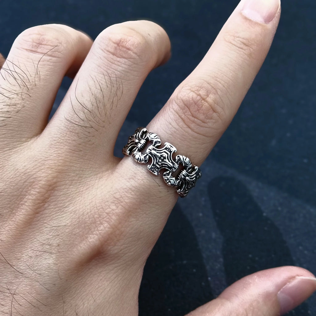 Gothic Chained Crosses Adjustable Open Ring — Silver-Tone