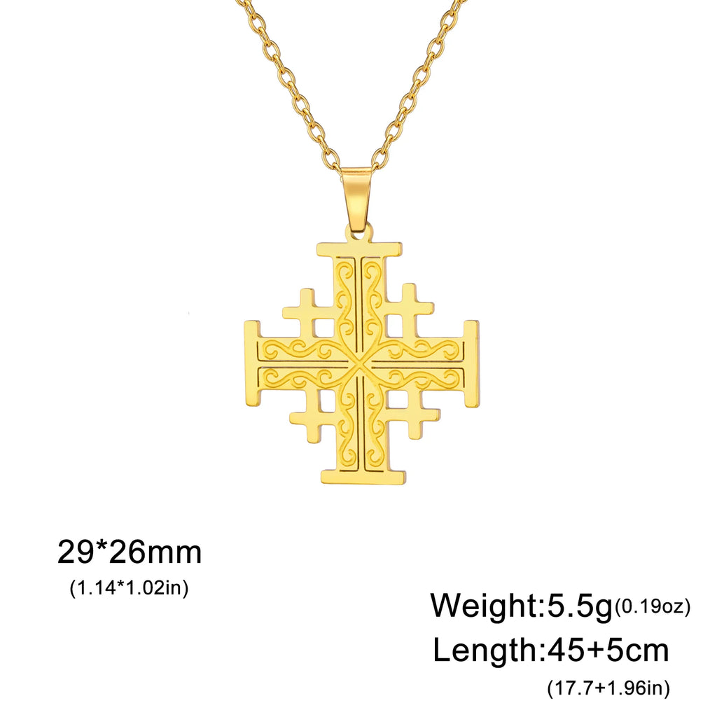 Jerusalem Crusader Cross Necklace — Five-Fold, Stainless Steel