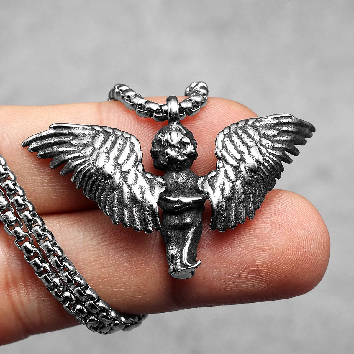 Angel Wings Cherub Pendant Necklace Stainless Steel