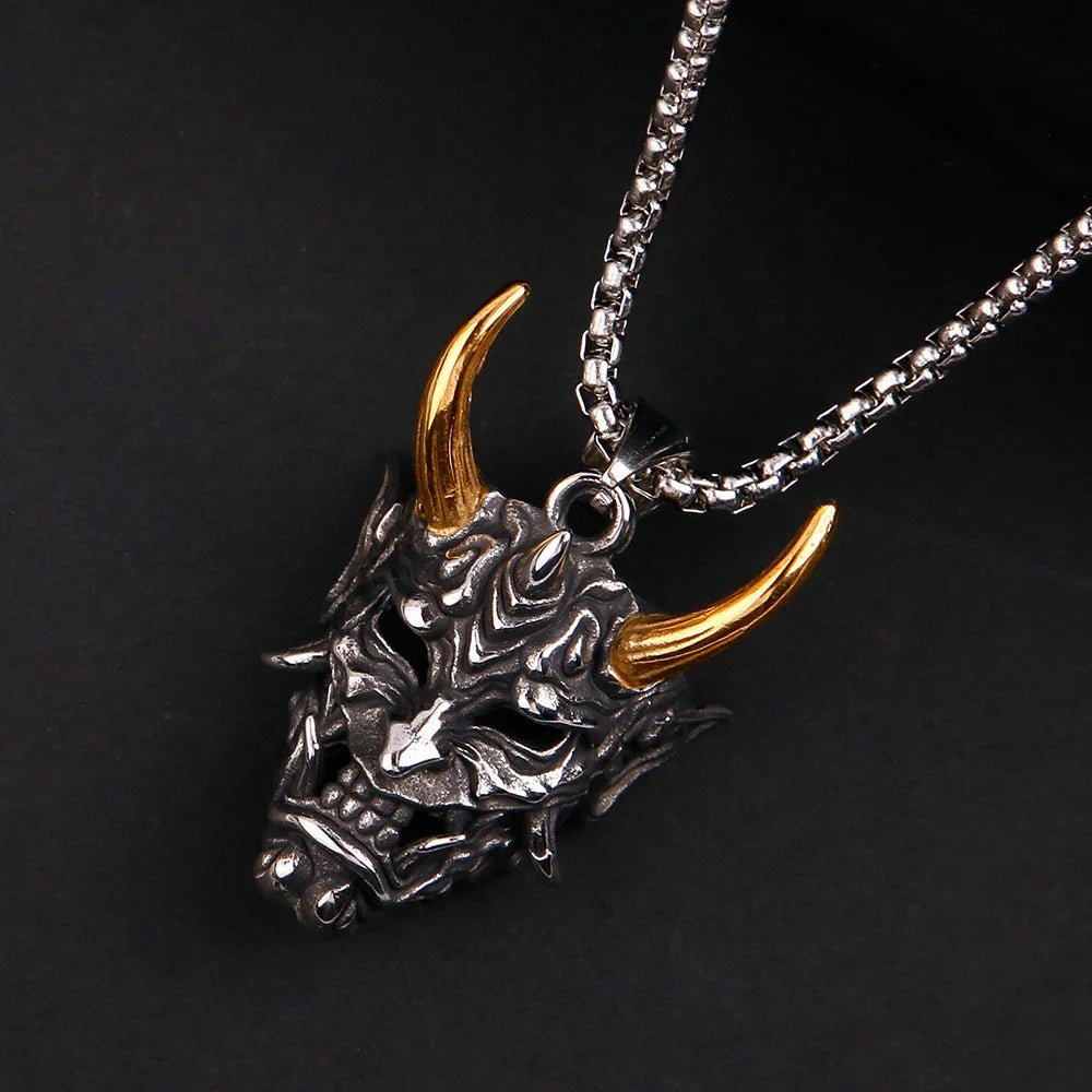 Two-Tone Horn Mask Pendant Necklace Statement