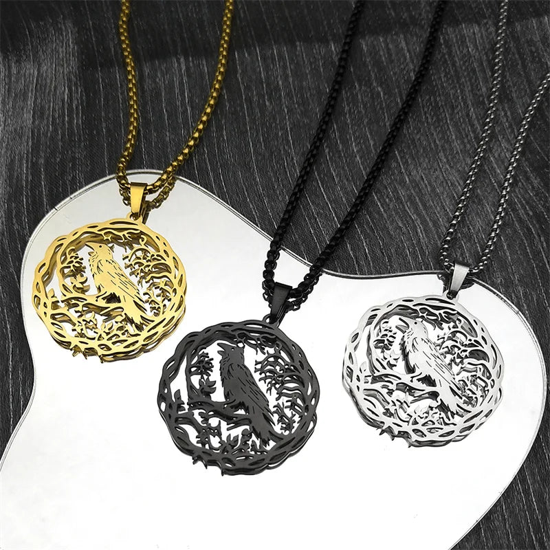 Tree Of Life Steel Pendant Gothic Crow Bird Raven