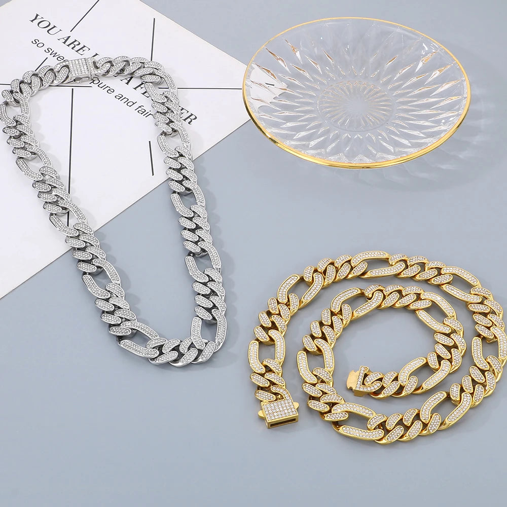 Hip-Hop Jewelry CZ Cuban Chain Man Bracelet Necklace Set Luxury Gold Color 60CM Long Stainless Steel Men's Necklace &