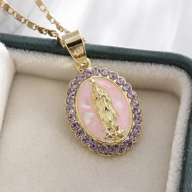 Virgin Mary Medal Iced Pendant Necklace