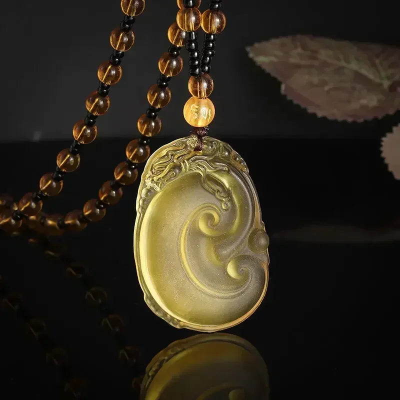 Obsidian Gossip Pendant Necklace Carving Dragon and Phoenix Shape Lucky Amulet Jewelry Six-Character Mantra Pearl
