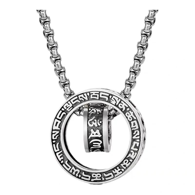 Retro   Six Character Mantra Double Ring Pendants Rotating Male Artistic Personality Versatile Necklaces Fashion Jewelry