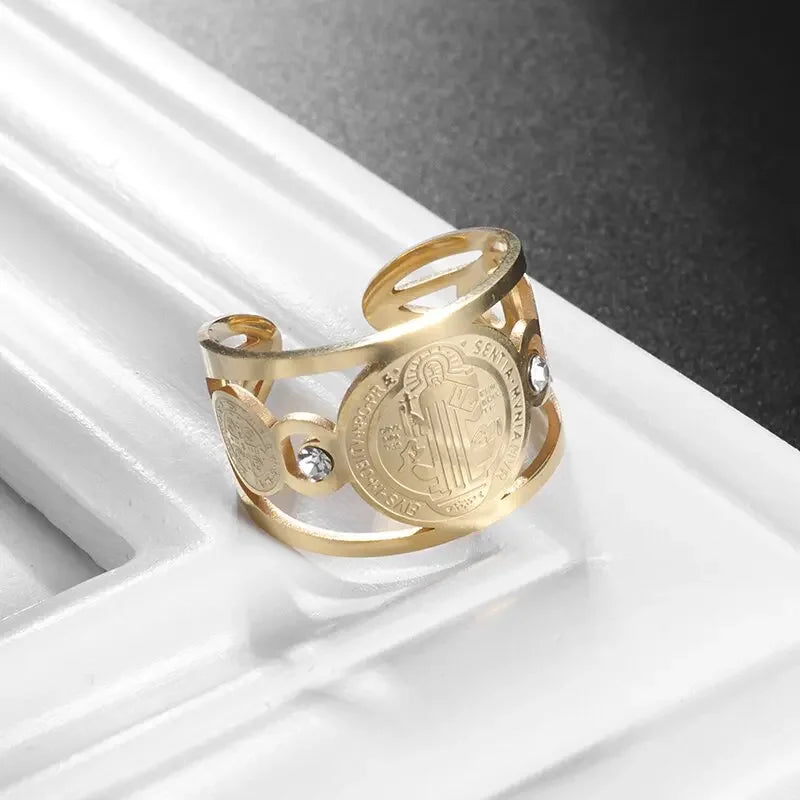 Saint Benedict Medal Cutout Open Ring — Stainless Steel