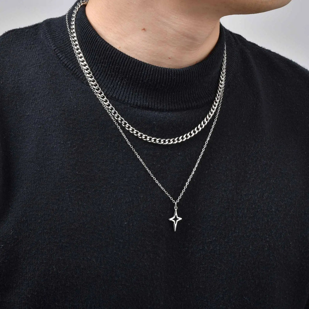 Vnox 2pcs/set Link Chain Chokers Four-point Star Pendant O-Chain Necklace Set for Men, Stainless Steel Silver Color Jewelry Gift