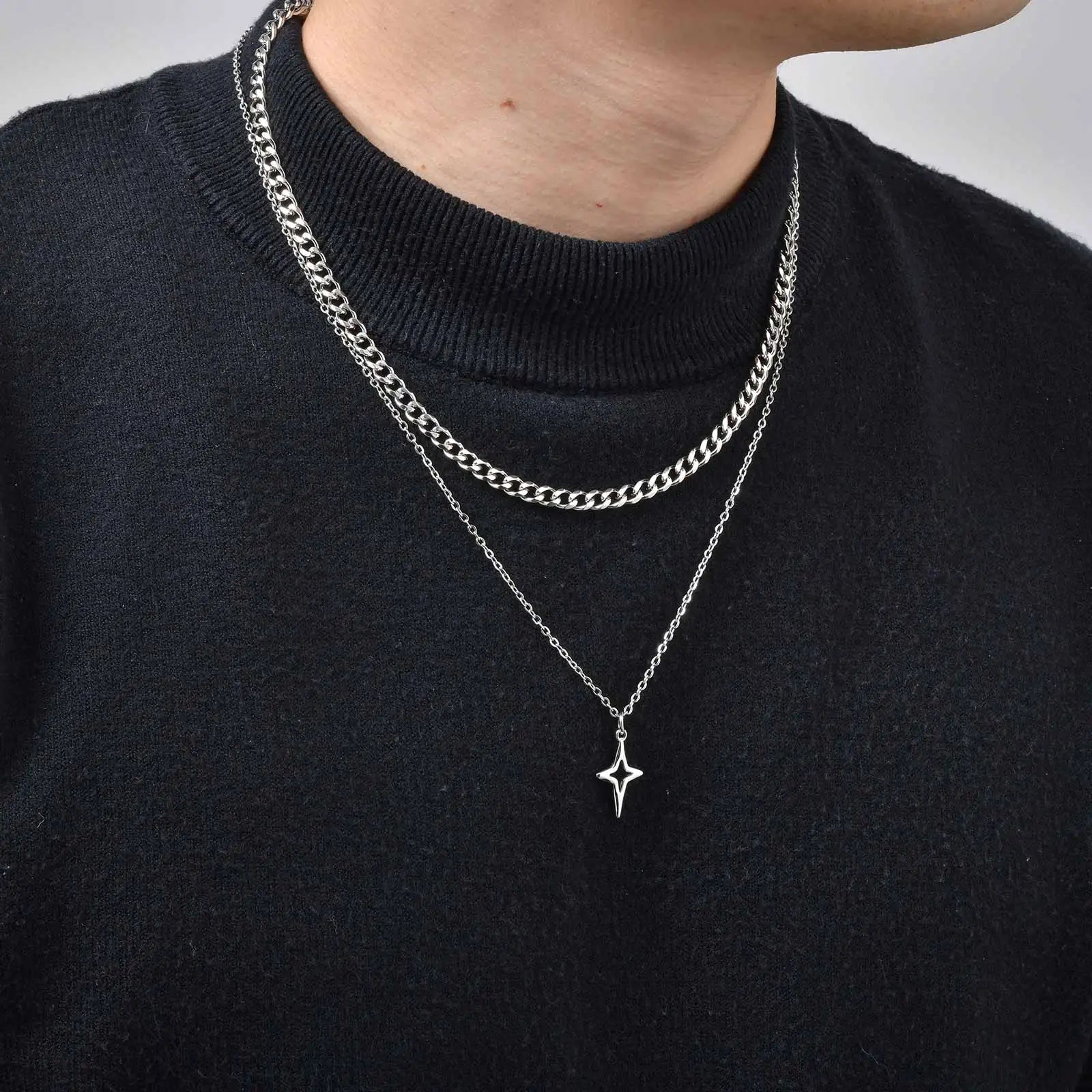Vnox 2pcs/set Link Chain Chokers Four-point Star Pendant O-Chain Necklace Set for Men, Stainless Steel Silver Color Jewelry Gift