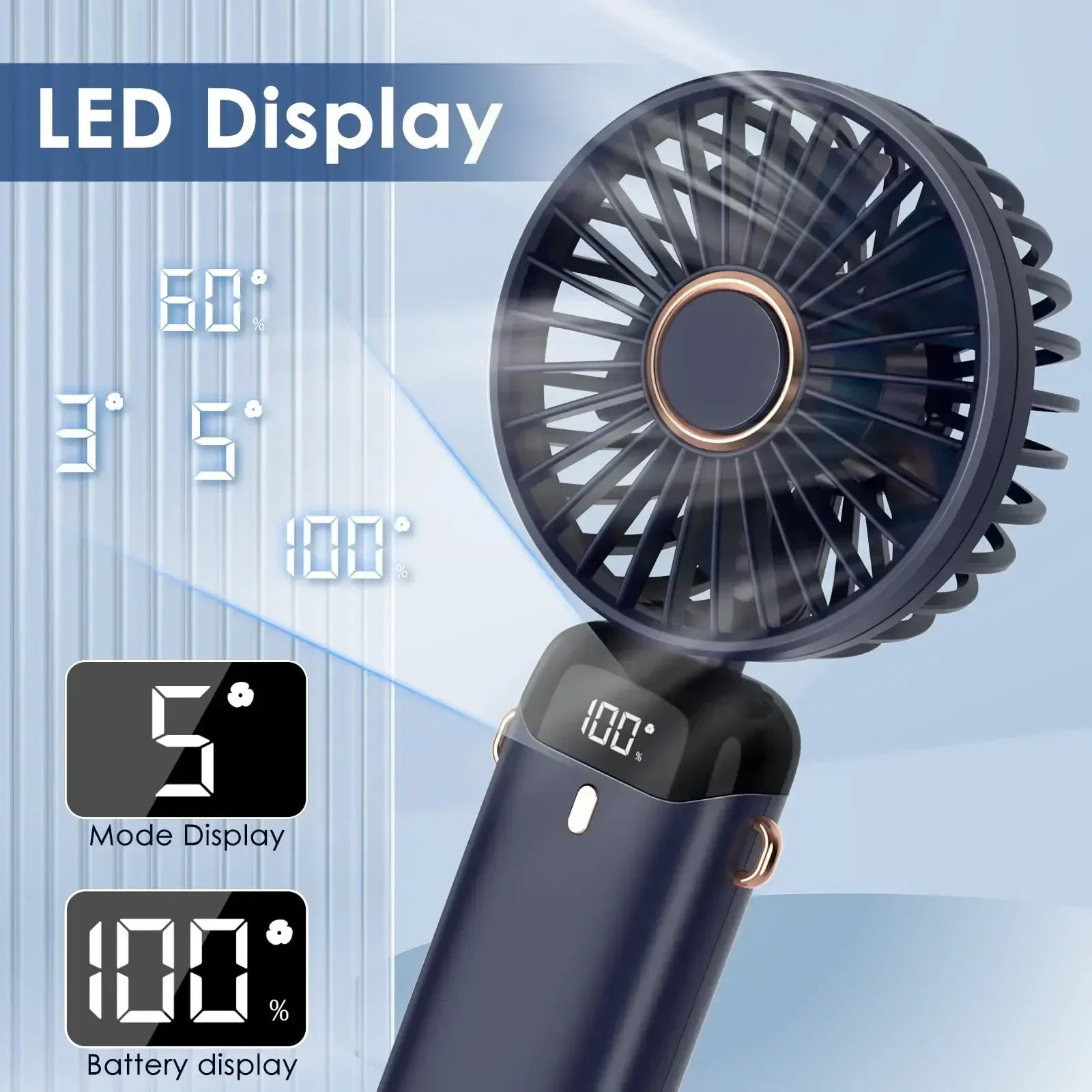5000mAh Portable Fan Rechargeable 90° Foldable 5 Speed Mini Air Conditioner Small Fan Air Cooler with LED Digital