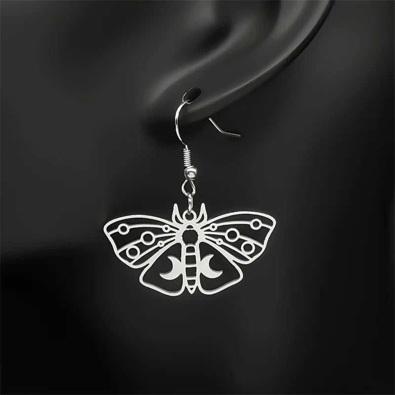 Butterfly Silver Earrings Gothic Crescent Moon