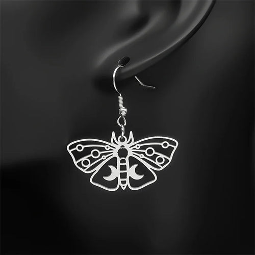 Butterfly Silver Earrings Gothic Crescent Moon