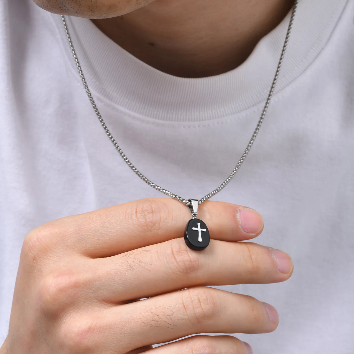 Small Natrual Stone Necklaces for Men Boys,Black Stone Stainless Steel Pendant Necklace,Hip Hop Stylish Jewelry Gifts