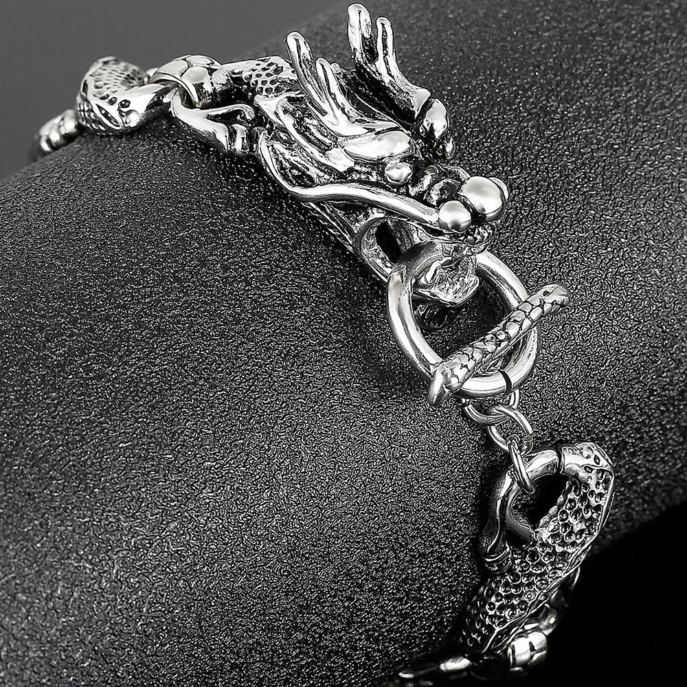 Massive Chinese Dragon Head Cuff Men's Bracelets Vintage Stainless Steel Loong Body Chain Bracelet for Man Gothic