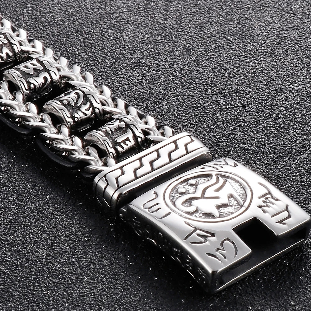 Religious Man Bracelet Stainless Steel 22MM Width Buddhist Scriptures Link Men's Bracelets Leather Wristband On Hand