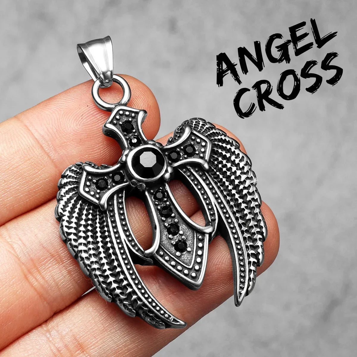 Angel Wing Cross Pendant — Stainless Steel
