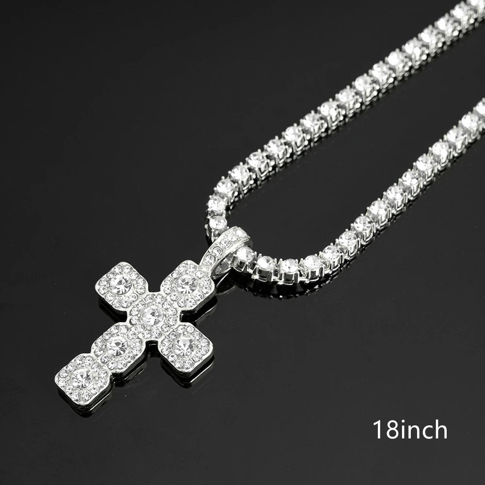 Iced Out Cross Pendant Necklace — 4mm Tennis Chain, Two-Tone
