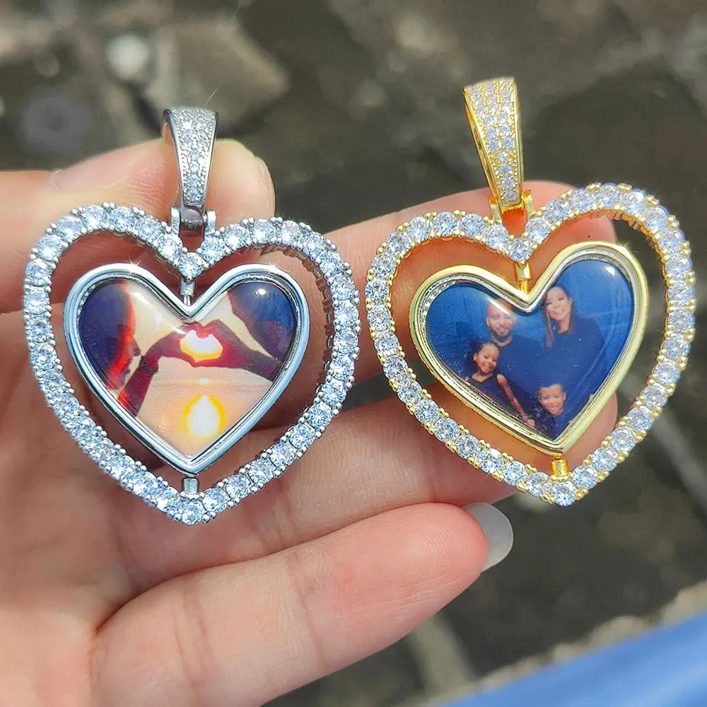 Iced Out Heart Photo Pendant Necklace