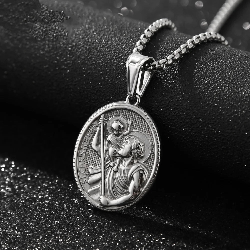 Religious St. Christopher Protect Us Necklace For Men Stainless Steel Geometric Oval Pendant Collares Jewelry