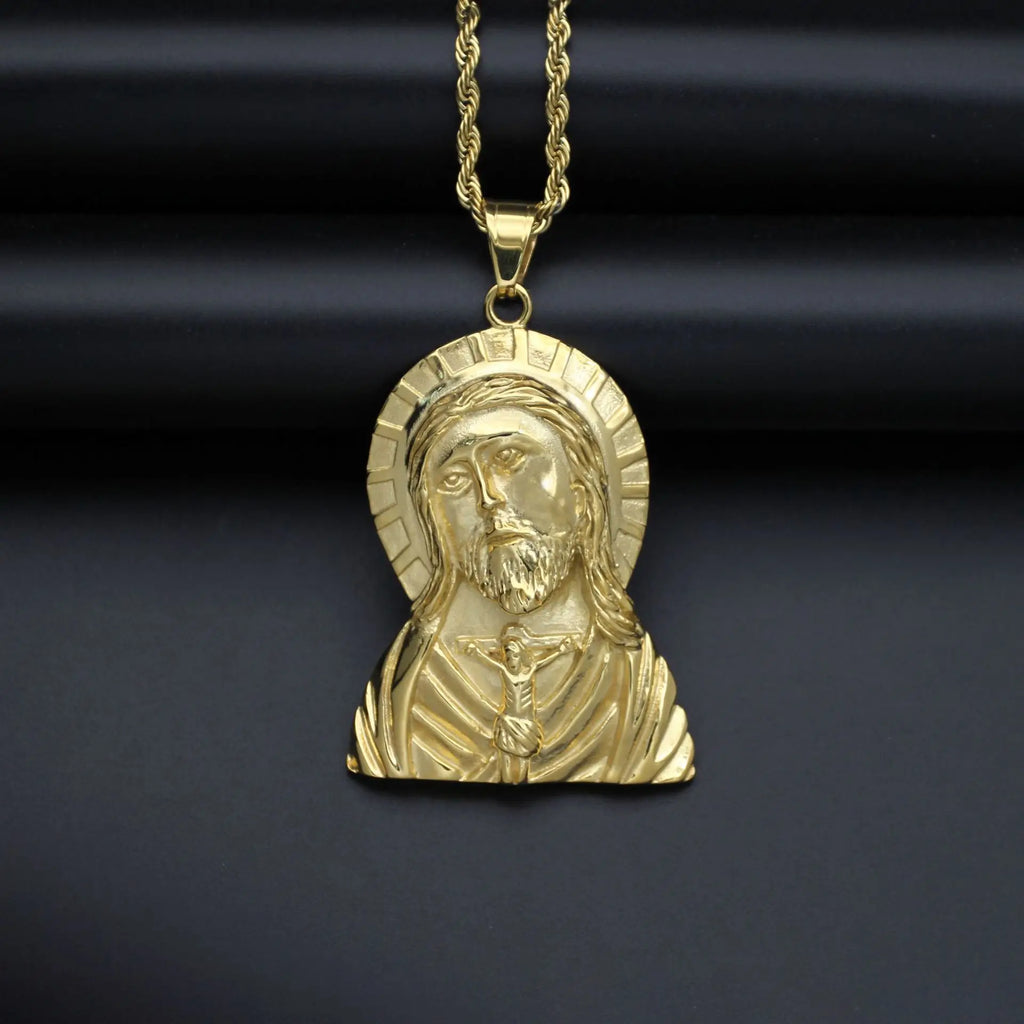 Gold Jesus Christ Face Pendant Necklace for Men — Stainless Steel