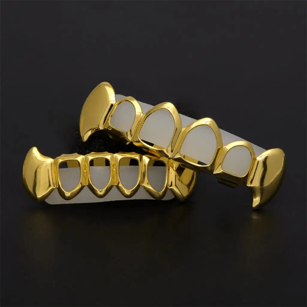 Open Face Teeth Grillz Hollow Top & Bottom Caps — Gold-Tone