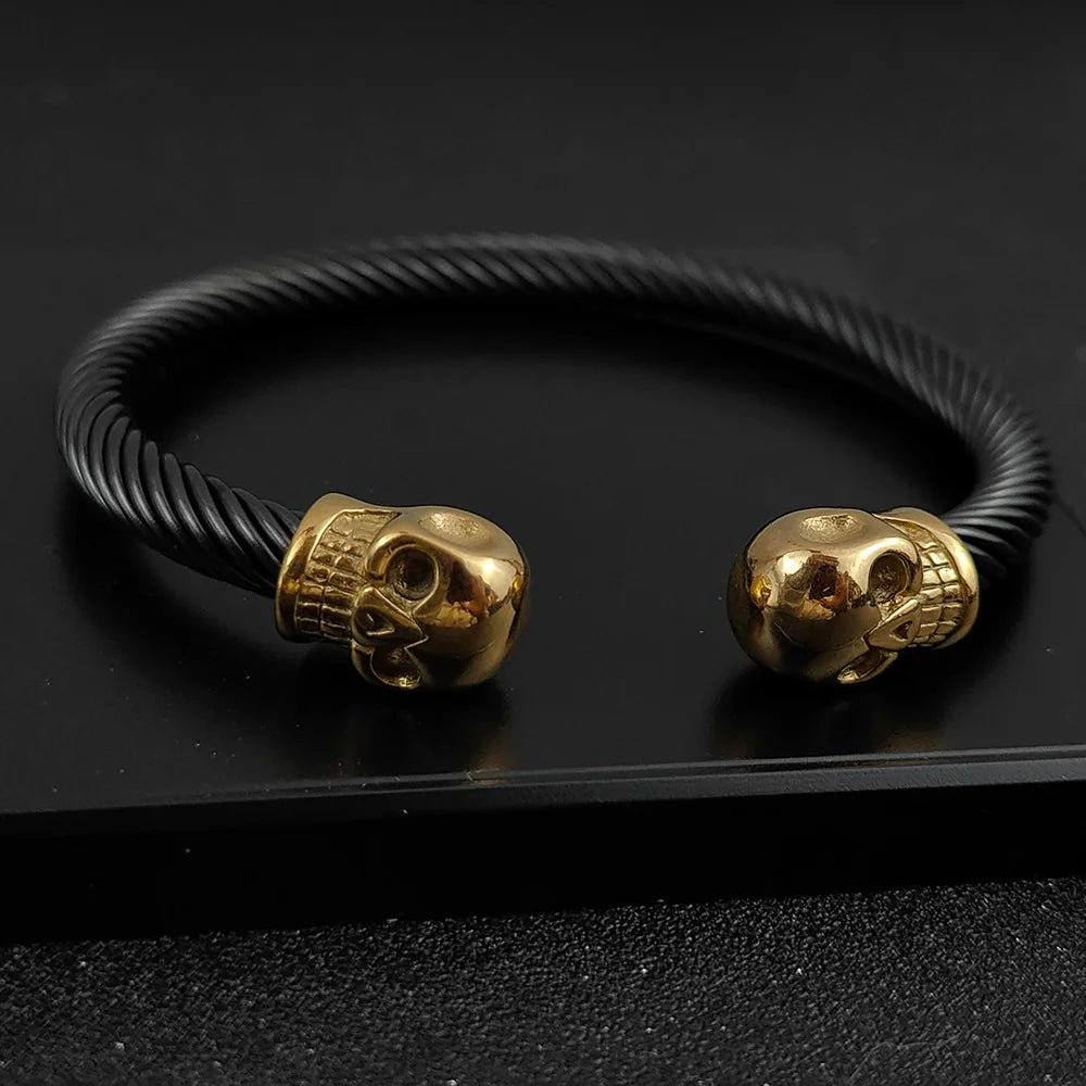 New Fashion Bracelet for Men Double Skull Bangles Open Cuff Bracelets Stainless Steel Braided Wrap Bangle Jewelry Pulsera