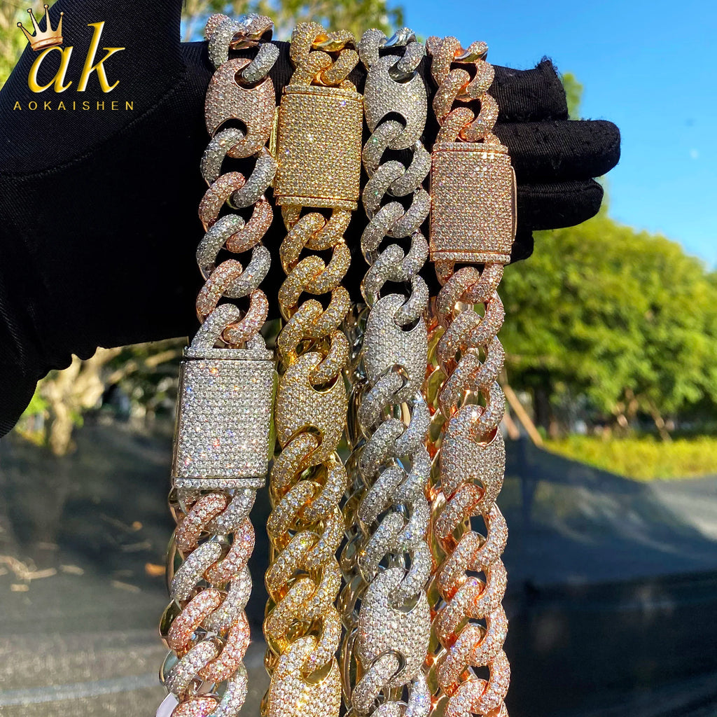 Aokaishen Iced Out Cuban Link Chain for Men Two Tone Prong Necklace Real Copper Cubic Zirconia Hip Hop Jewelry
