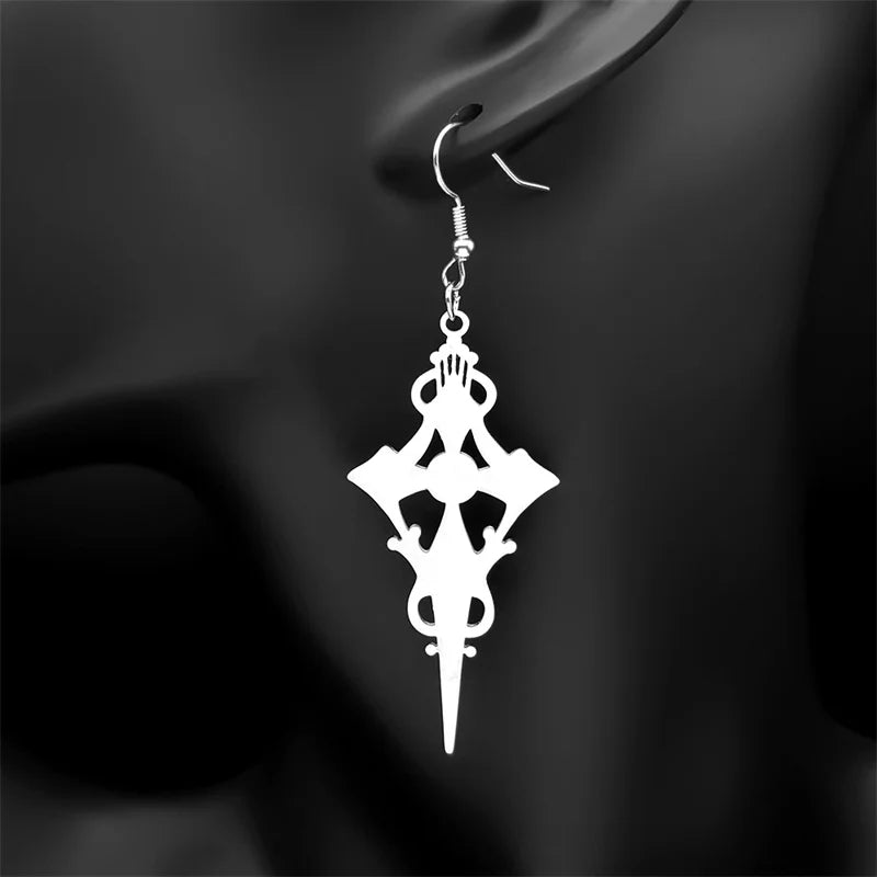 Gothic Cross Steel Earrings Satan Witch Big Hoop