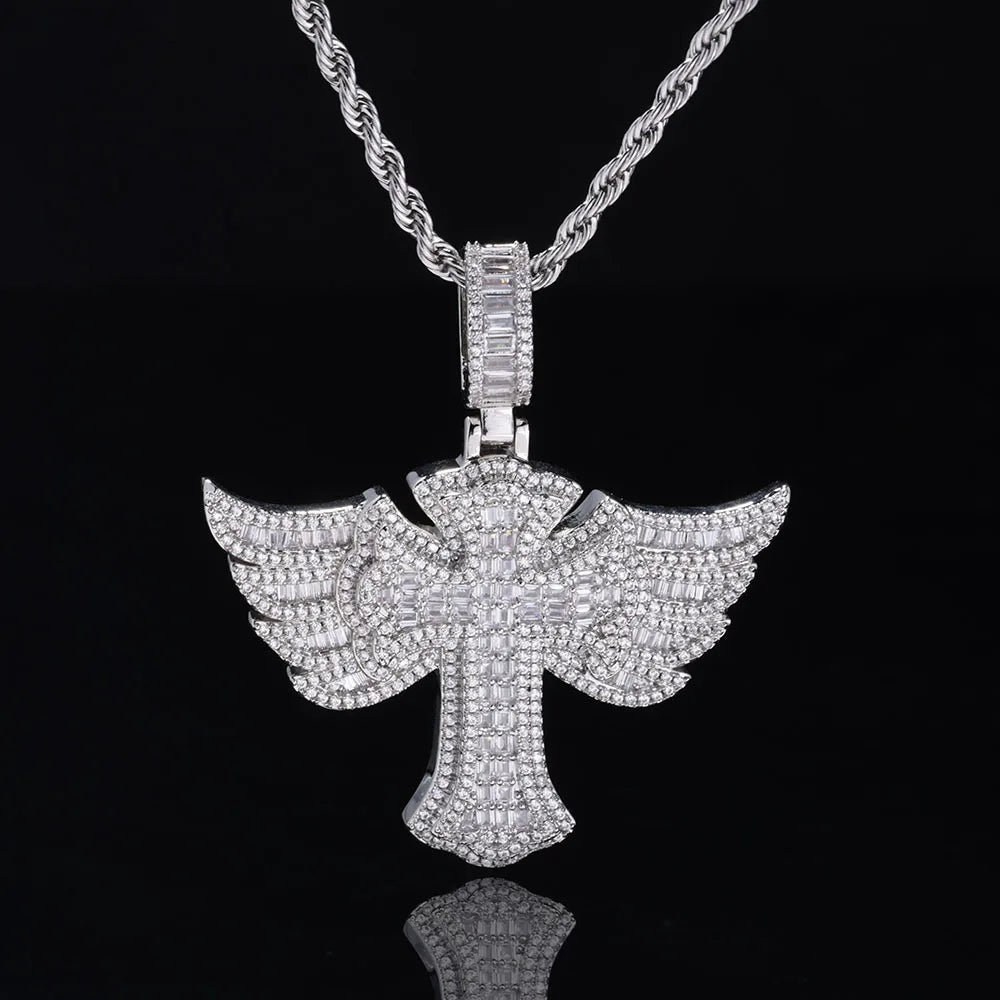 Cross Angel Wings Pendant Necklace Iced Out
