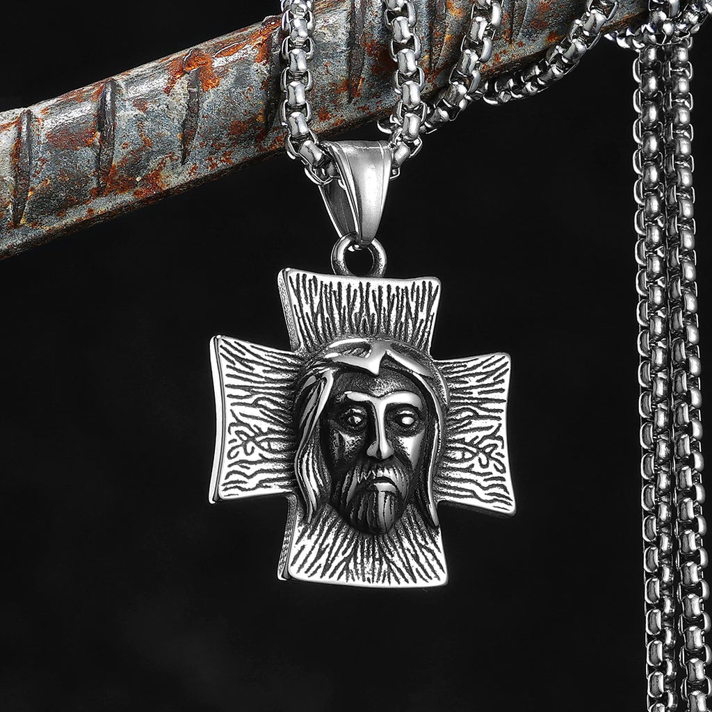 Jesus Face Cross Pendant Necklace for Men — Stainless Steel