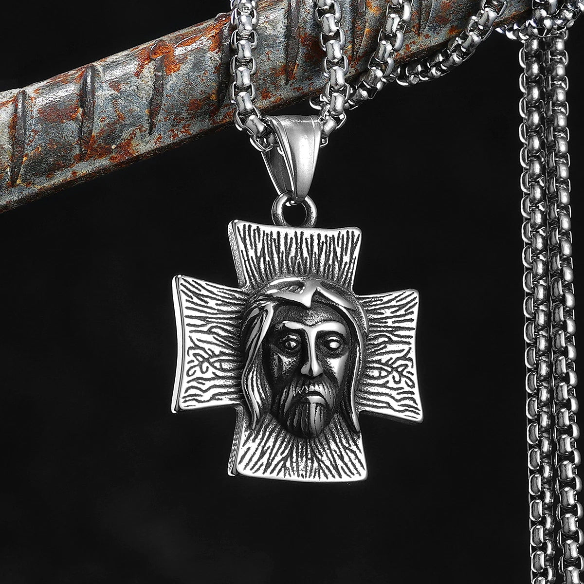 Jesus Face Cross Pendant Necklace for Men — Stainless Steel
