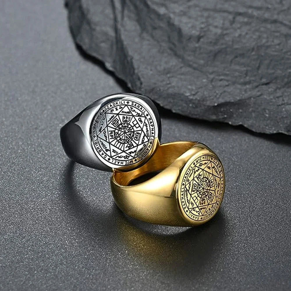 YILUOCD Seal of The Seven Archangels Rings for Men The Key of Solomon Ring Kabbalah Talisman Amulet Stainless Steel Male Jewelry