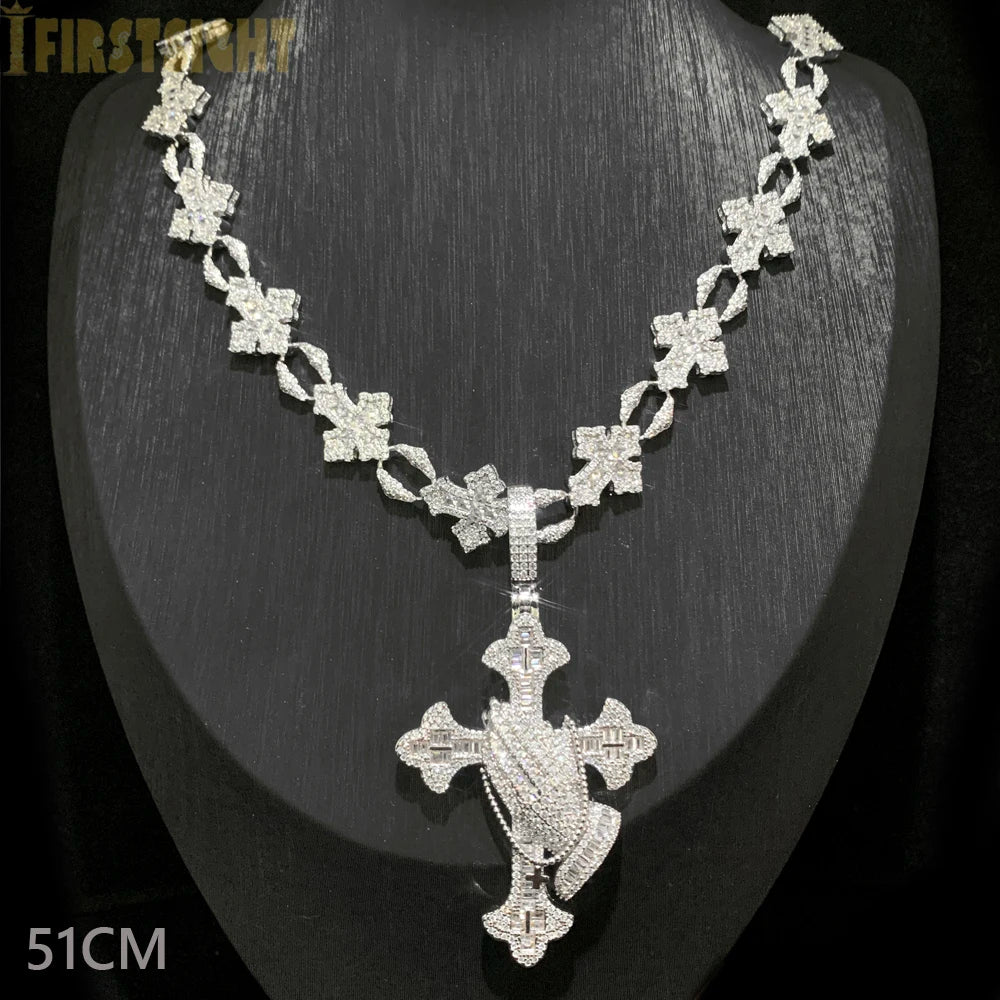 2025 New Iced Out Cross Pendant Necklace for Men Women Bling Silver Color Cubic Zirconia Cross Cuban Chain Hip Hop