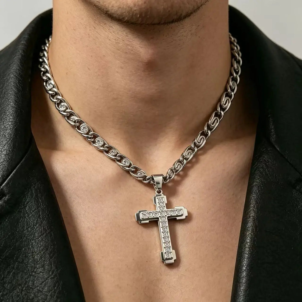 Iced Cross Stainless Steel Pendant Necklace