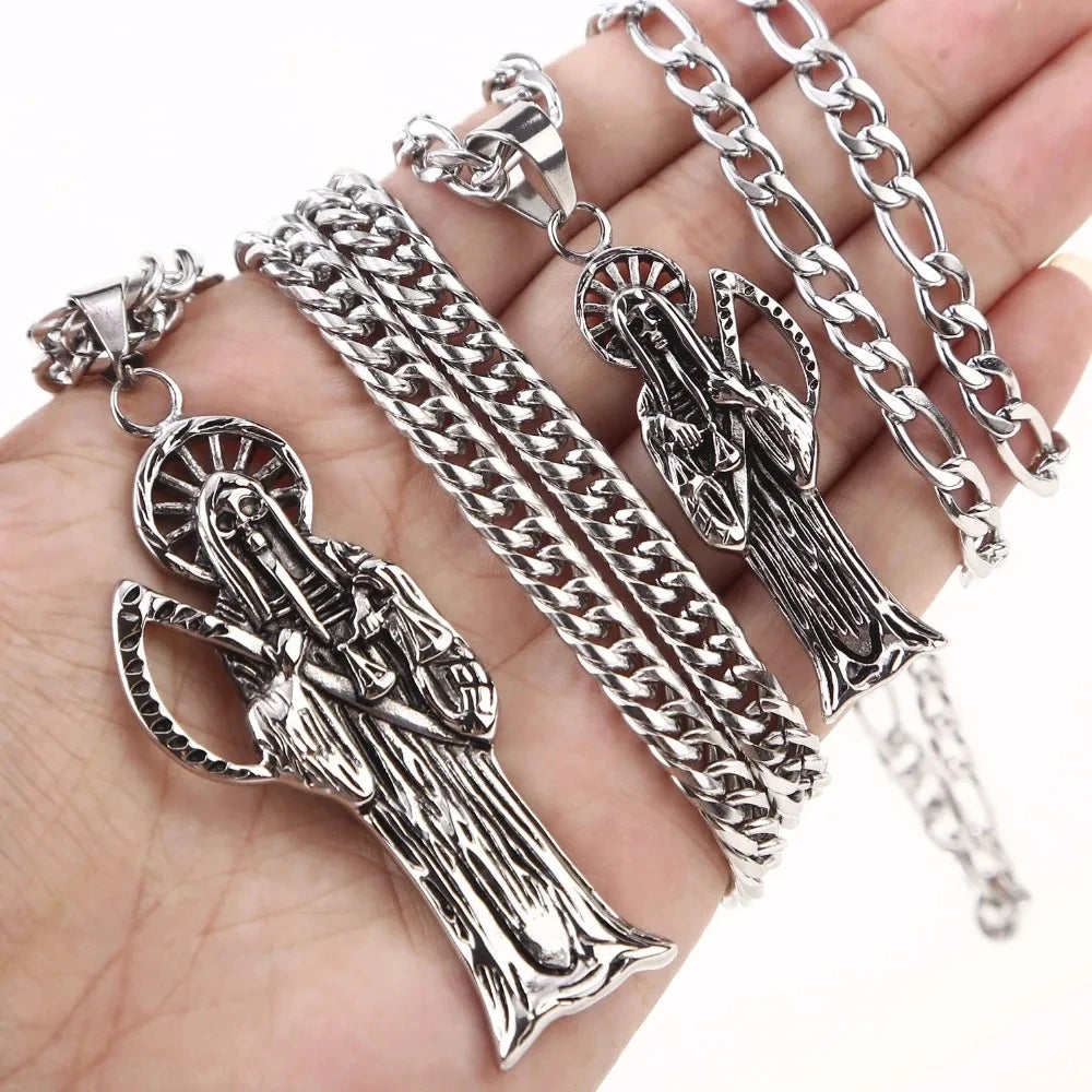 Witaya Classic New Retro Death of Angel Santa Muerte Mens Pendant Necklace 316L Stainless Steel Jewelry Men Party Gift