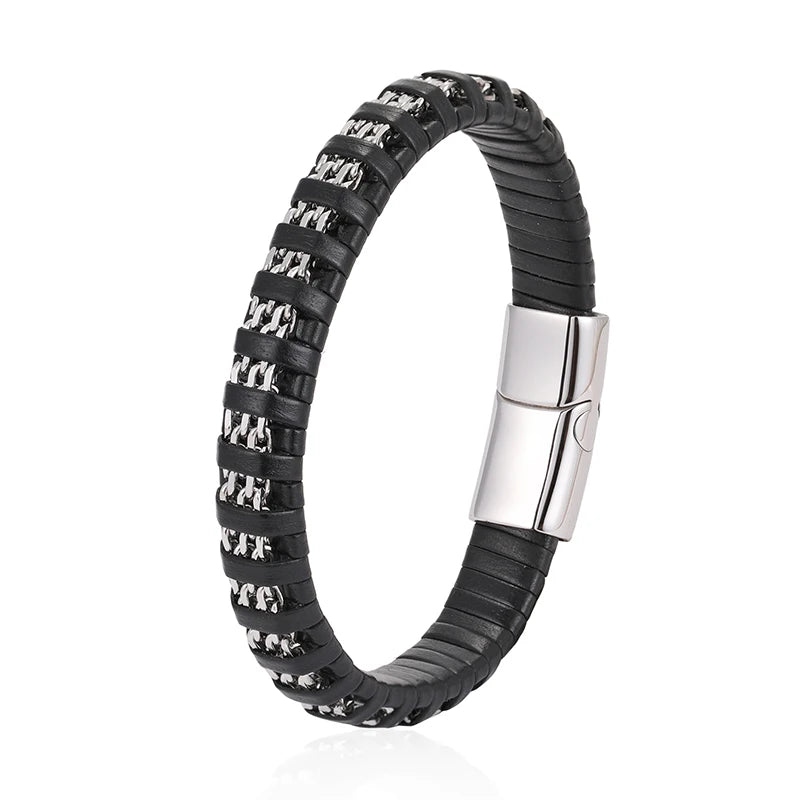 New Fashion 8mm Chain Curb Cuban Link Charm Leather Bracelets Men Stainless Steel Magnet Clasp Hand Bracelet Homme