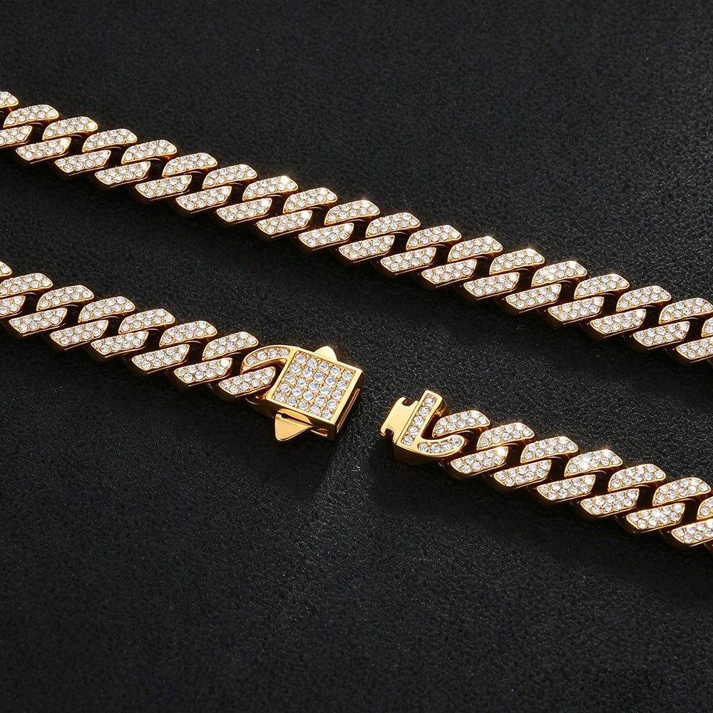 Gold Plated Silver Plated Stainless Steel Cubic Zirconia Iced Out Cuban Link Chain Hip Hop Jewelry Men Shiny Fashion Necklace