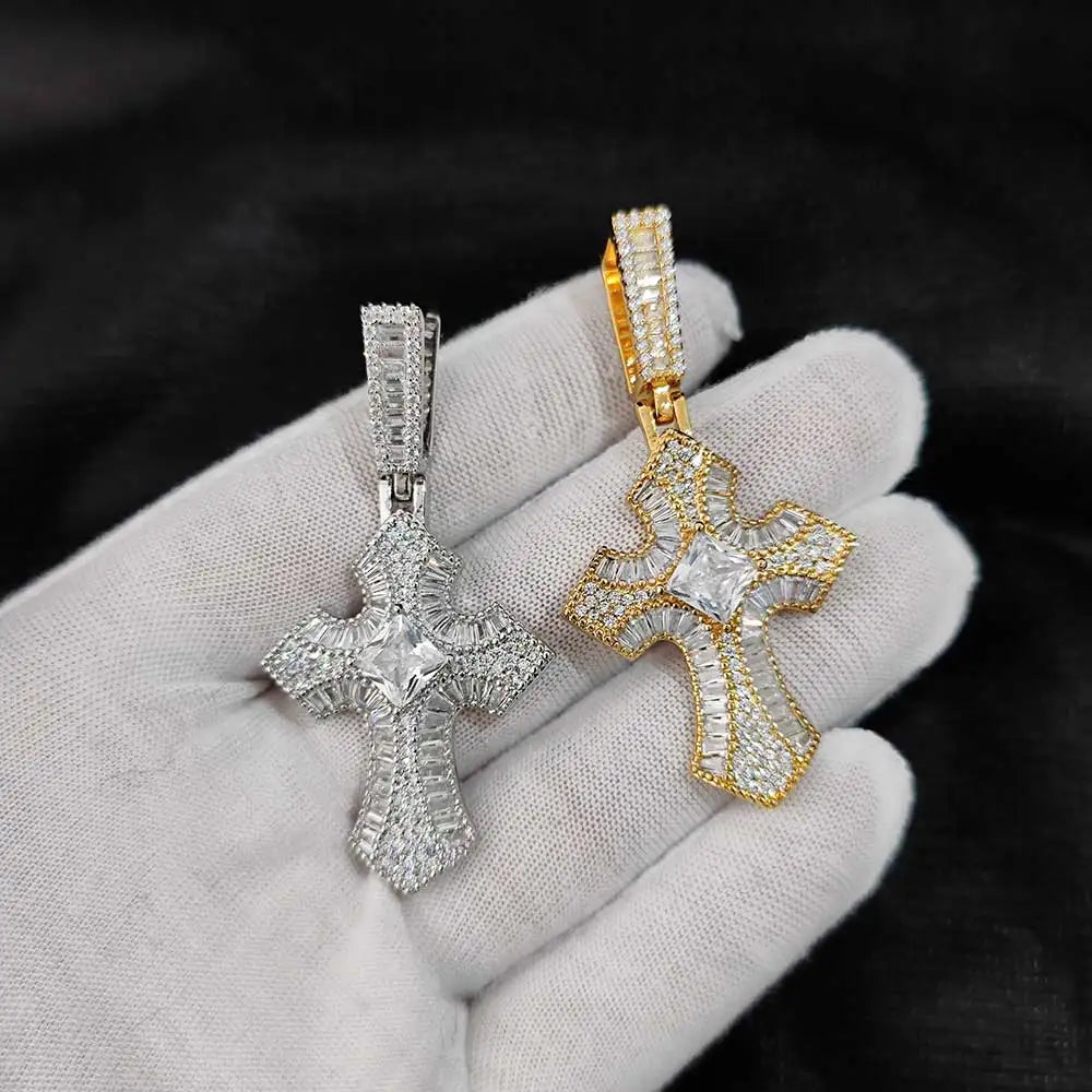 Iced Out Cross Pendant Necklace CZ Rectangle