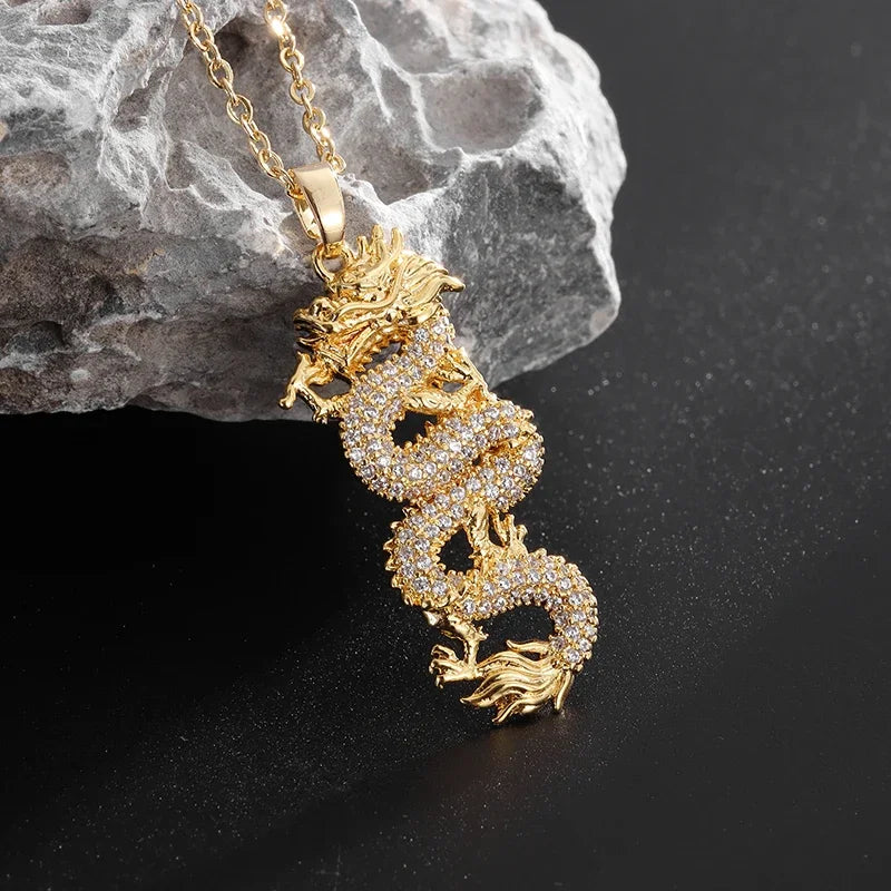 Zircon Auspicious Dragon Pendant — Stainless Steel