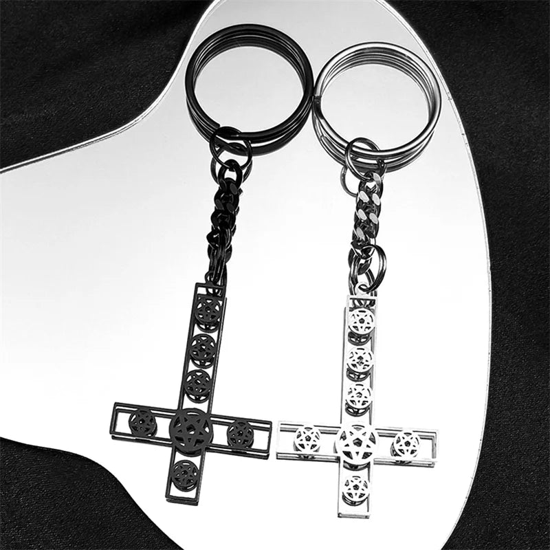 Inverted Cross Key Chain — Stainless Steel