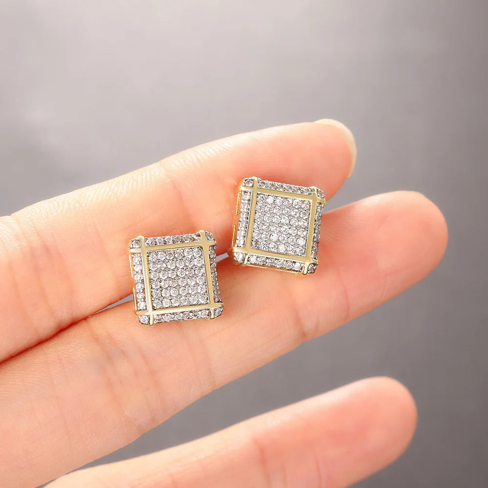 Iced Out Round Square Stud Earrings — Gold
